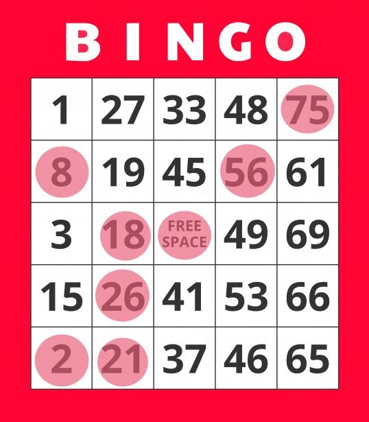 A red and white Bingo card with 8 spots marked, leading to a bingo.