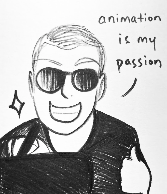 A cartoon figure giving a thumbs up while drawing, saying "animation is my passion."