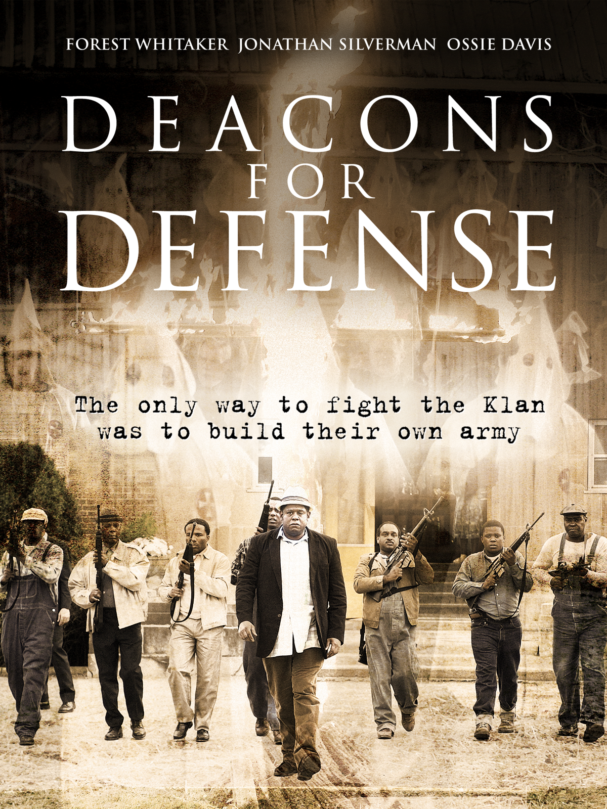 African-American men carrying guns stand in a line in a defensive posture.