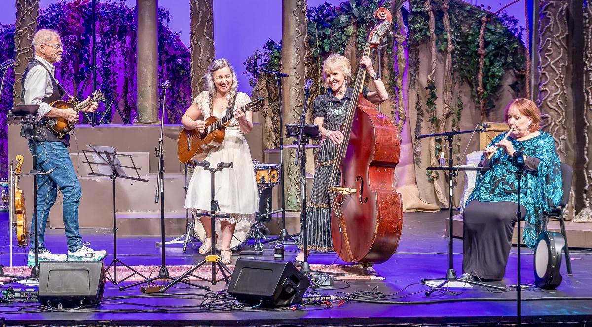 Band photo featuring 4 members of the Bucktown Americana Music Show performing on stage