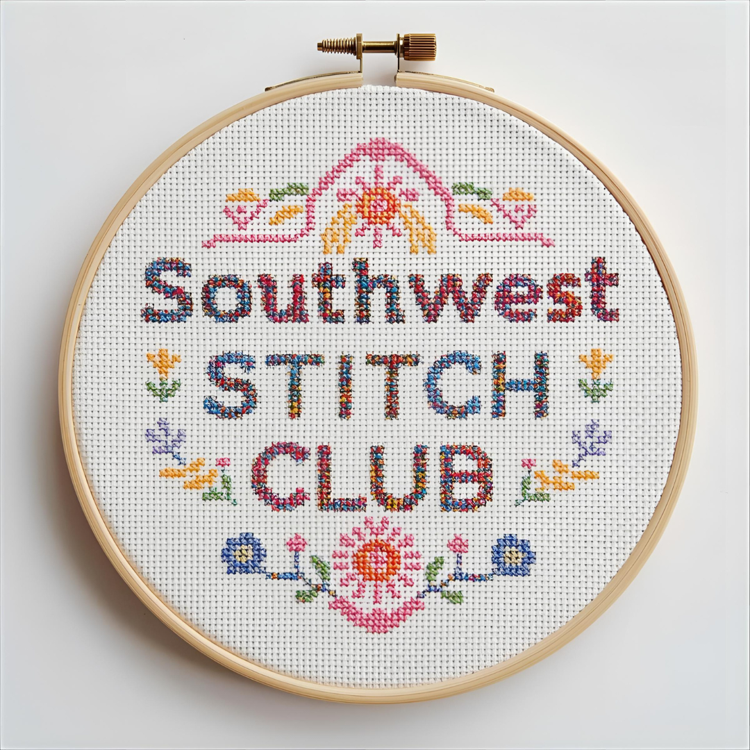 embroidery hoop with fabric inside and coloring stitching reading "Southwest Stitch Club"