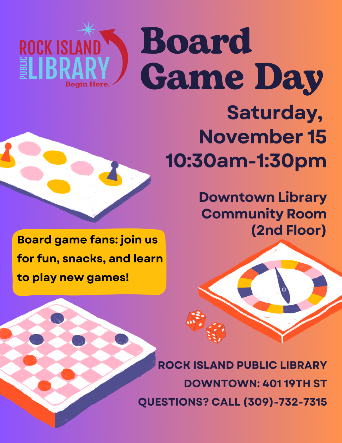 A purple and orange flyer describing Board Game Day.