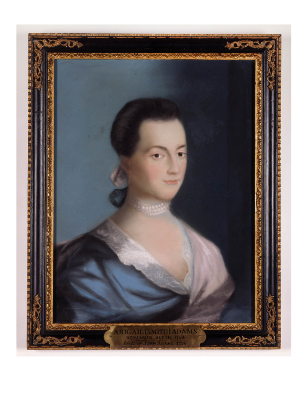 A framed painting of Abigail Adams, wearing a blue dress with a pearl necklace
