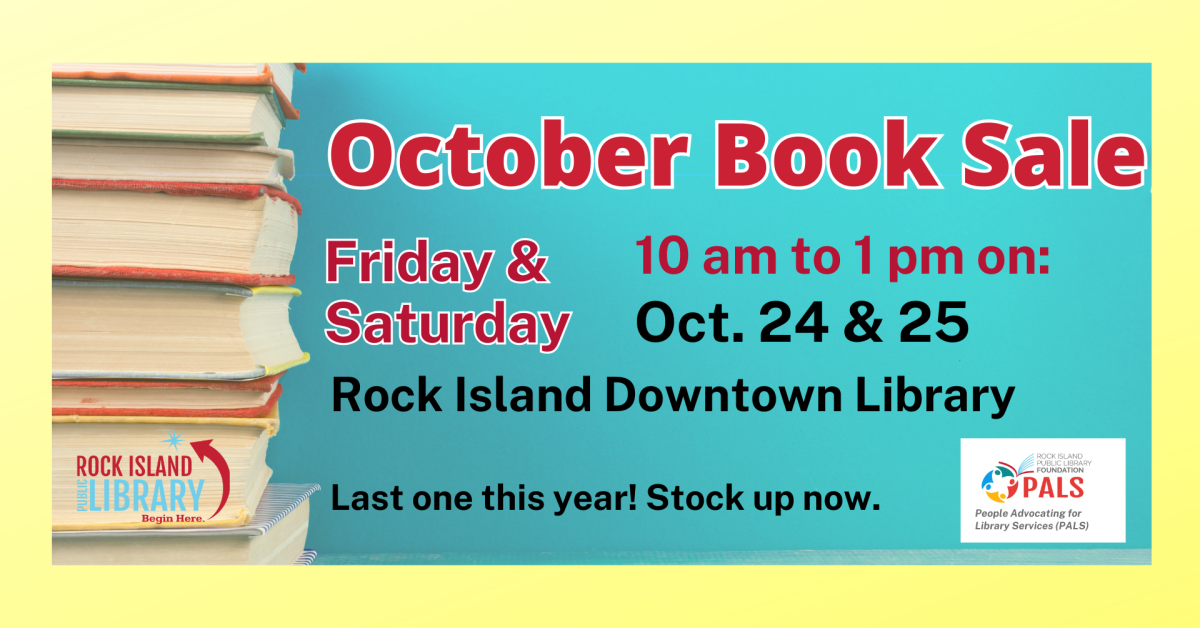 October Book Sale Oct. 24 and 25, Downtown Library, stack of books pictured to left