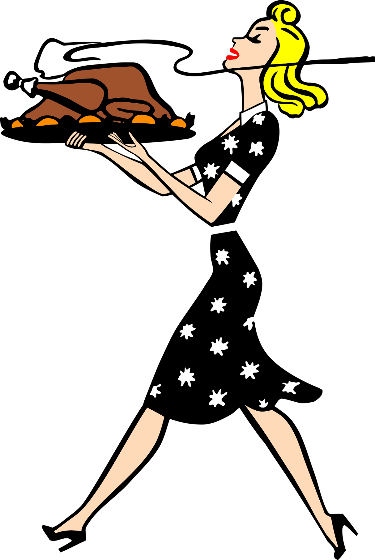 lady in a dress carrying roasted turkey on a platter