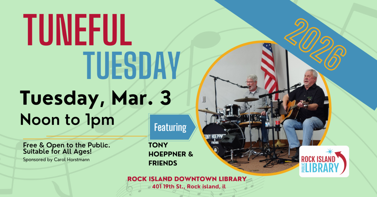 Tony Hoepper on guitar and musician on drums perform at Tuneful Tuesday on March 3