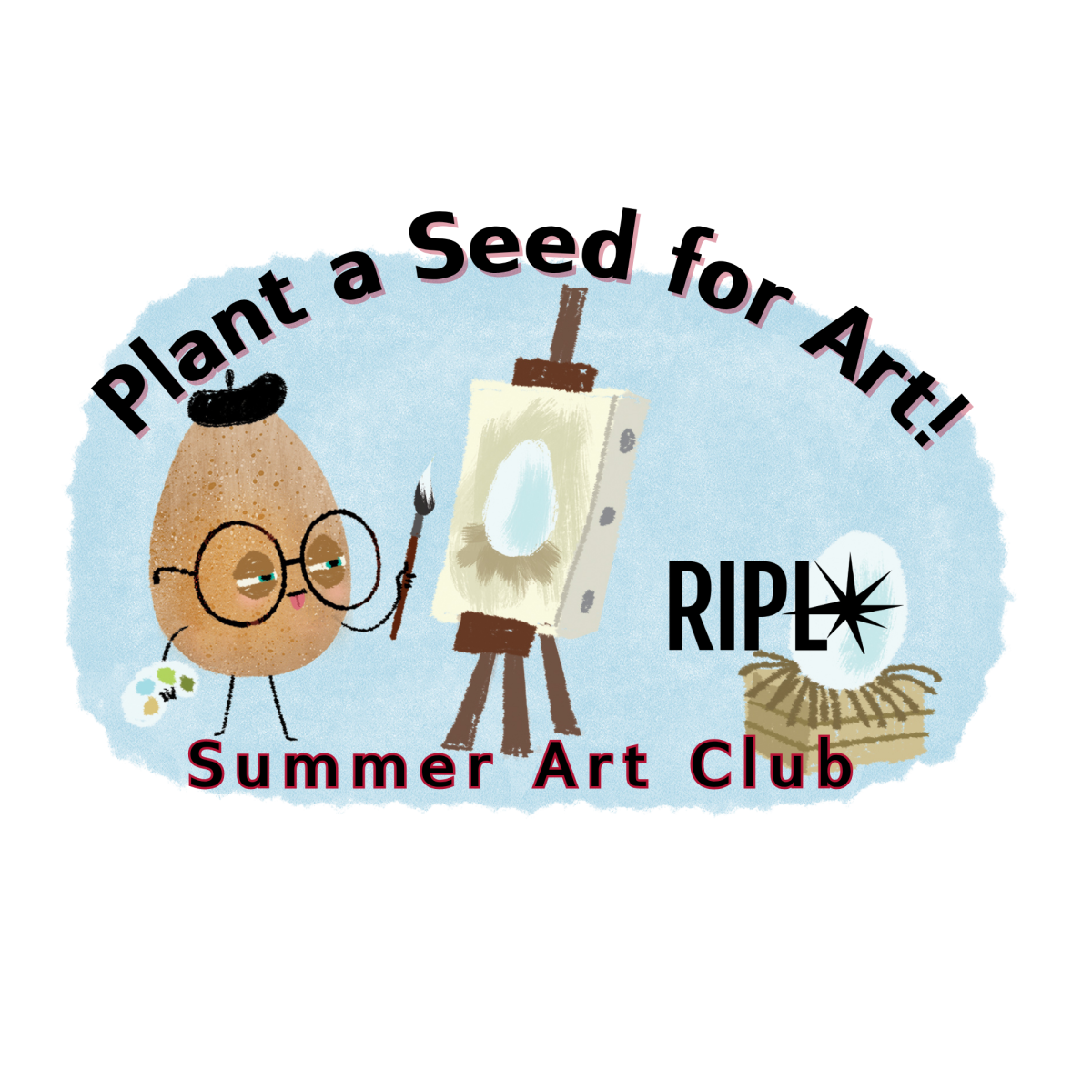 Summer Art Club promo_Plant a Seed for Art, cartoon of seed painting a picture