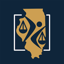 Prairie State Legal Services Logo: Figure holding scales of justice over outline of Illinois