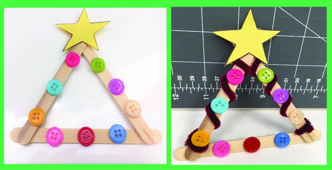 Popsicle stick triangle, colored buttons and yellow star glues to triangle to make christmas tree