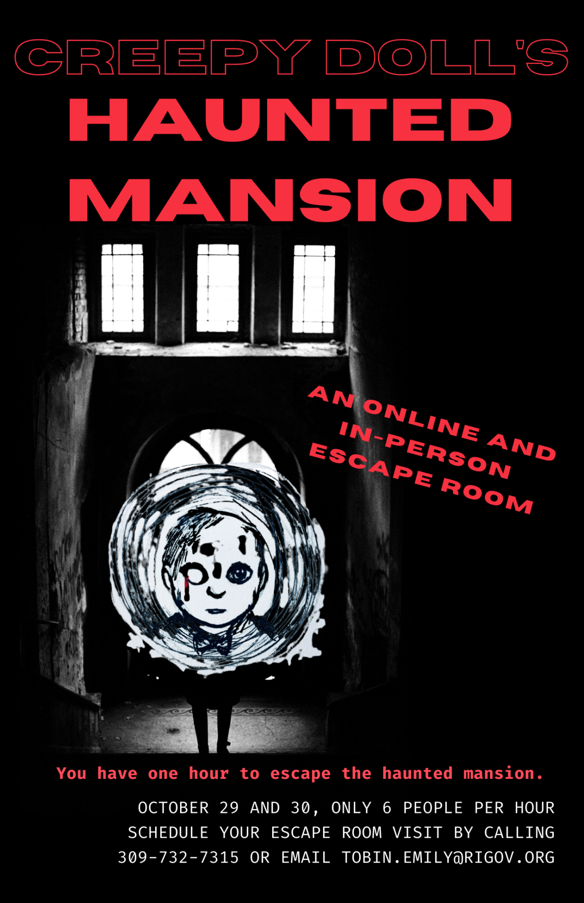 Flyer depicting a creepy doll's face and a figure standing in front of a building at night.