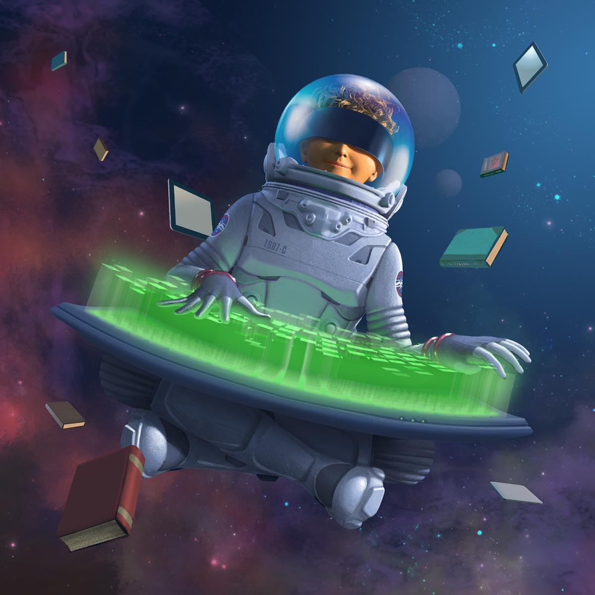 Teen in space playing with a lighted display 