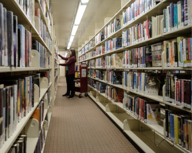 RIPL employee reshelving books in the library stacks