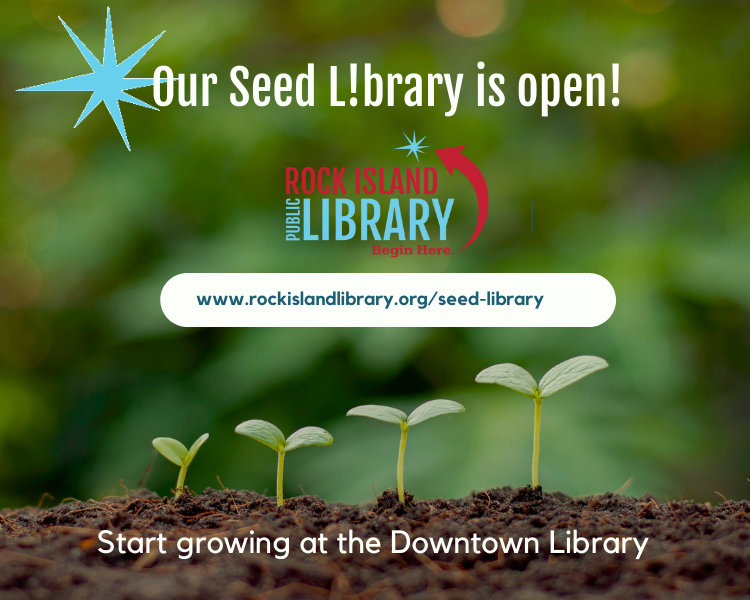 line of plants sprouting out of ground, announcement that Downtown Seed Library is open 