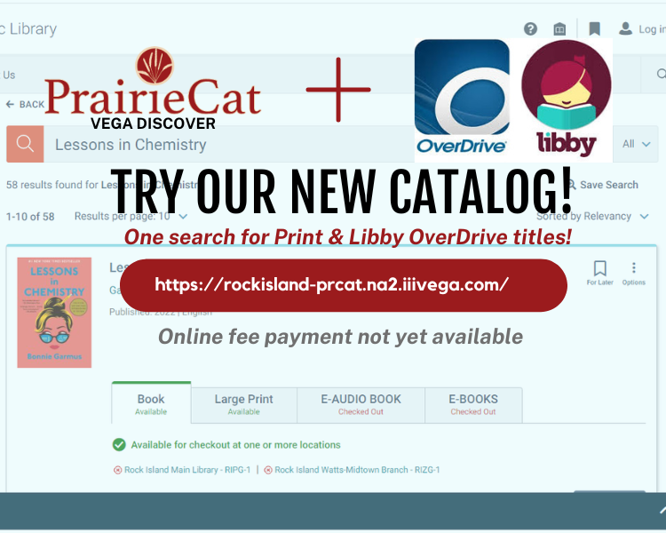 example of a search in Vega Discover with PrairieCat and OverDrive Libby logos 