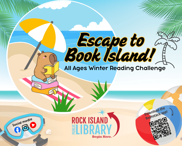 cartoon capybara sits on stack of books while reading under a beach umbrella, text Escape to Book Island All Ages Winter Reading Challenge
